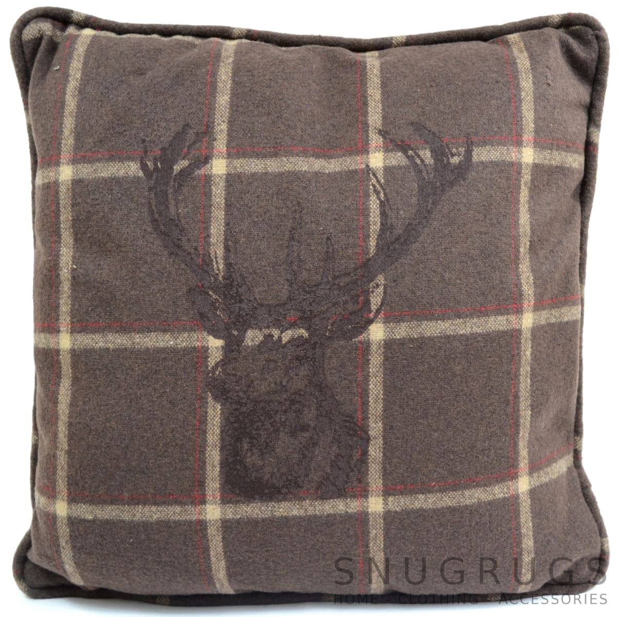 Country Style Checked Stag Head Cushion - Brown/Cream Checked