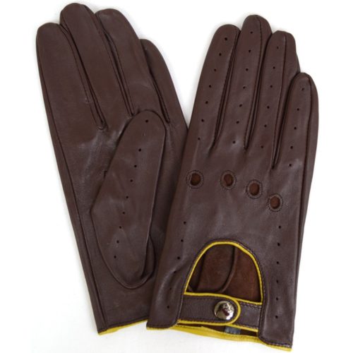 Leather Driving Gloves - Brown with Yellow Trim