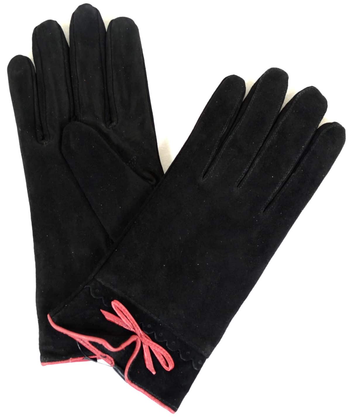 Suede Gloves Fleece Lining and Bow Feature - Black