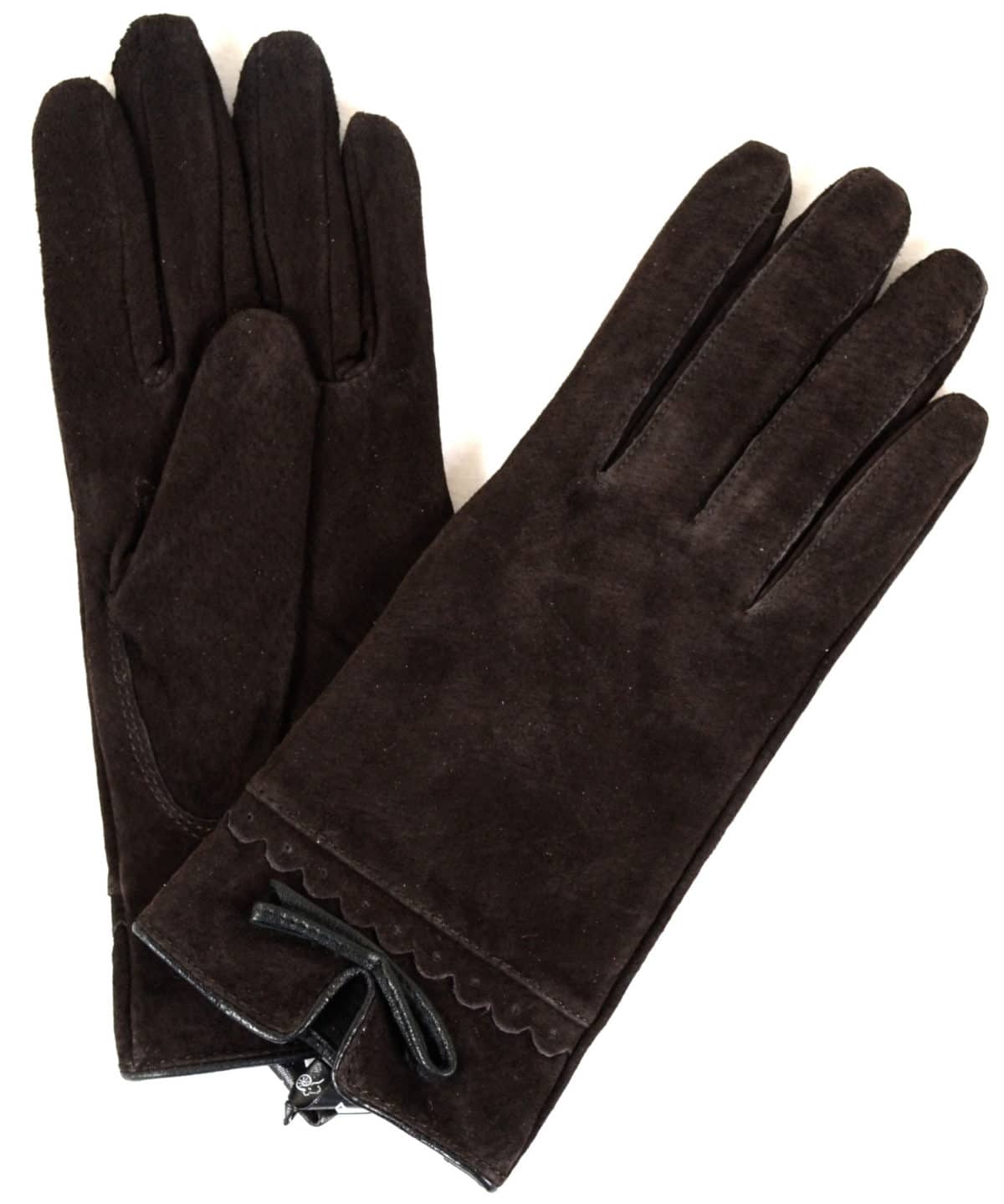 Suede Gloves Fleece Lining and Bow Feature - Brown