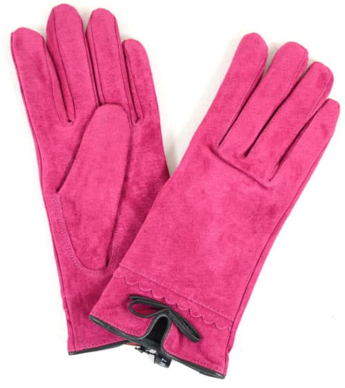 Suede Gloves Fleece Lining and Bow Feature - Pink