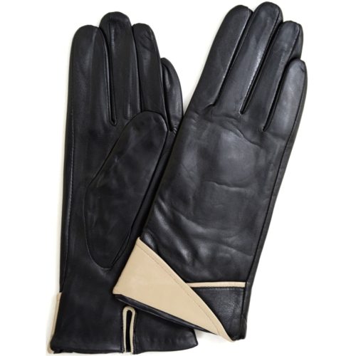 Alis - Leather Glove with Folded Cuff Design - Beige
