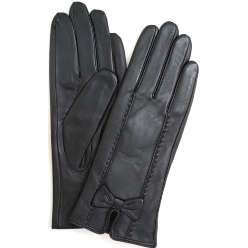 Alwen - Leather Gloves with Bow Design - Black