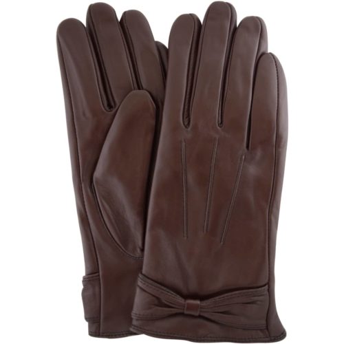 Alwen - Leather Gloves with Bow Design - Brown
