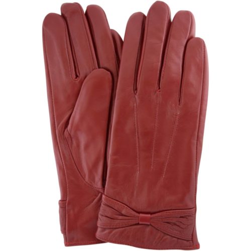 Alwen - Leather Gloves with Bow Design - Red