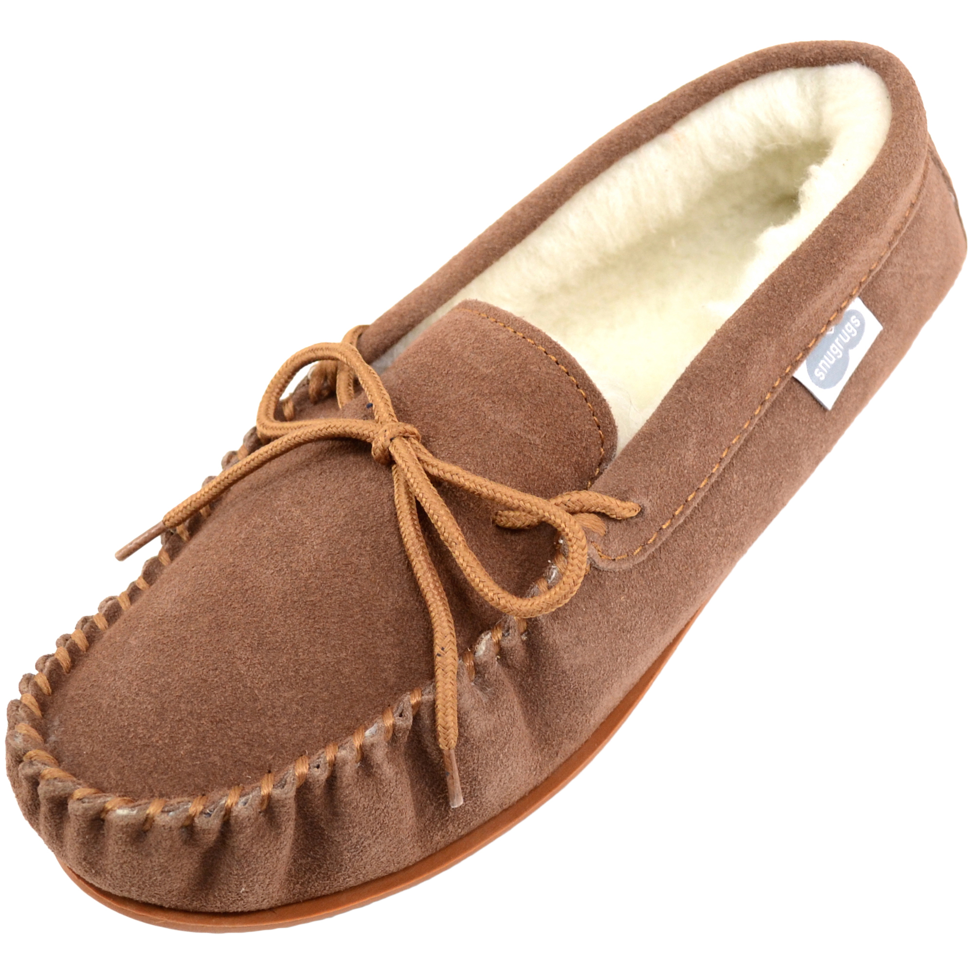 Suede Moccasin Slipper - Thick Wool Lining - Rubber Sole - Snugrugs