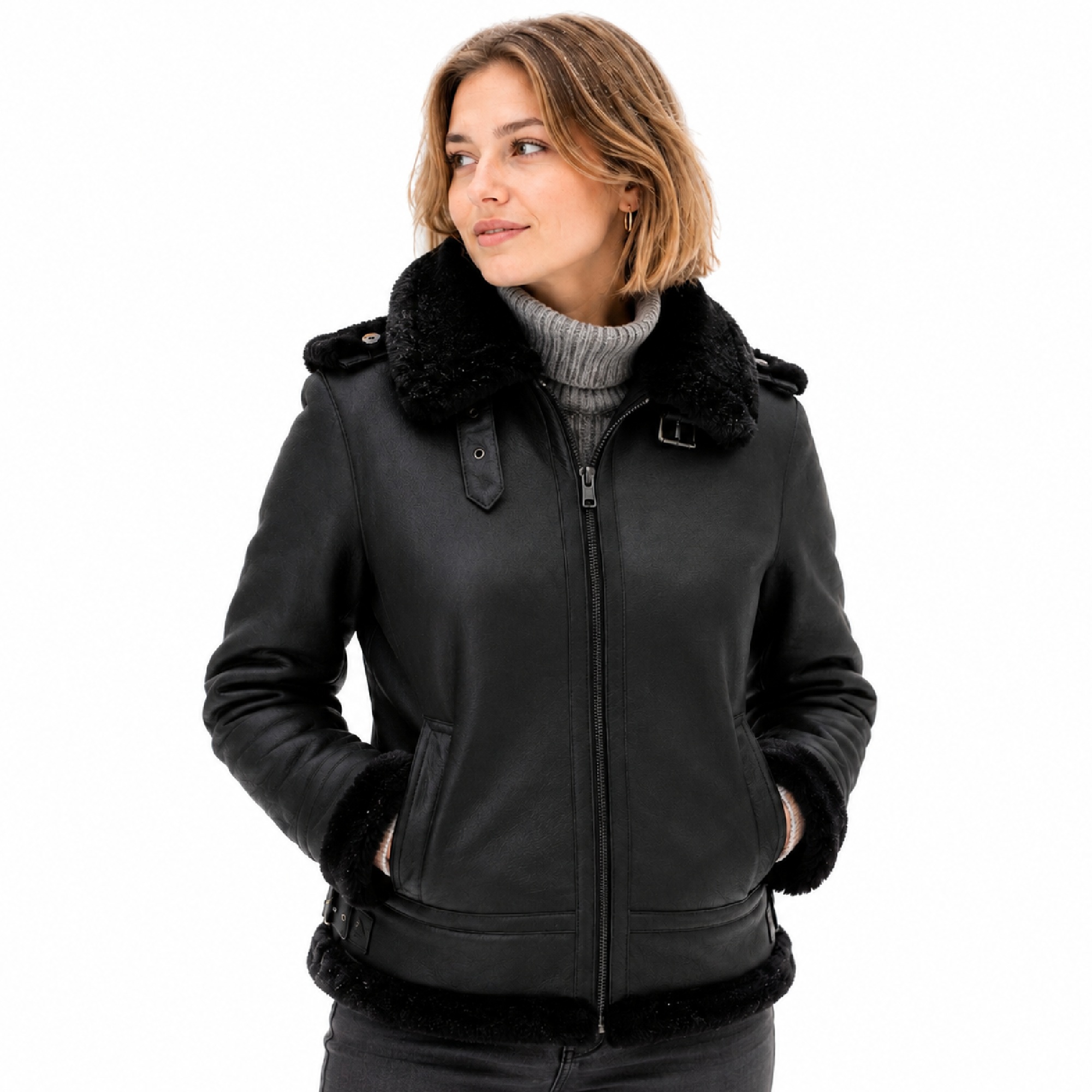 JacintaBlackMainModelWhite Sheepskin Hooded Flying Jacket Black