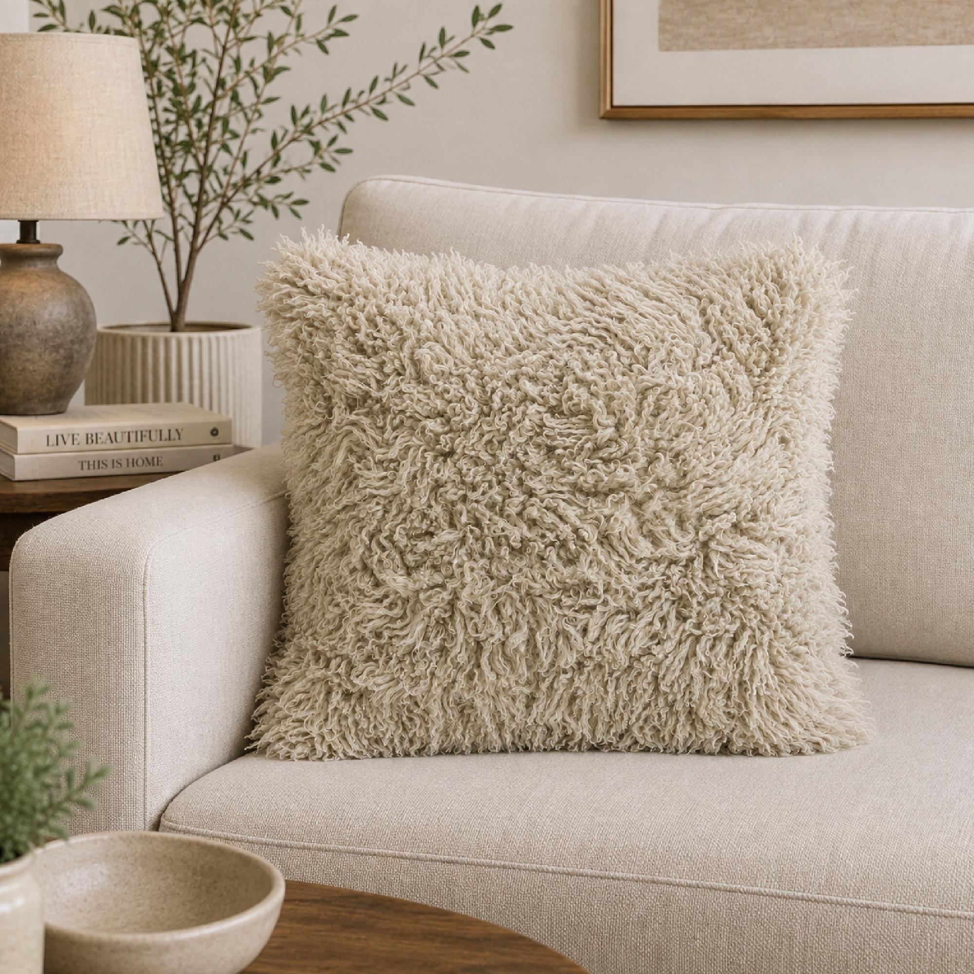 Sheepskin Curly Long Wool Cushion - Oyster