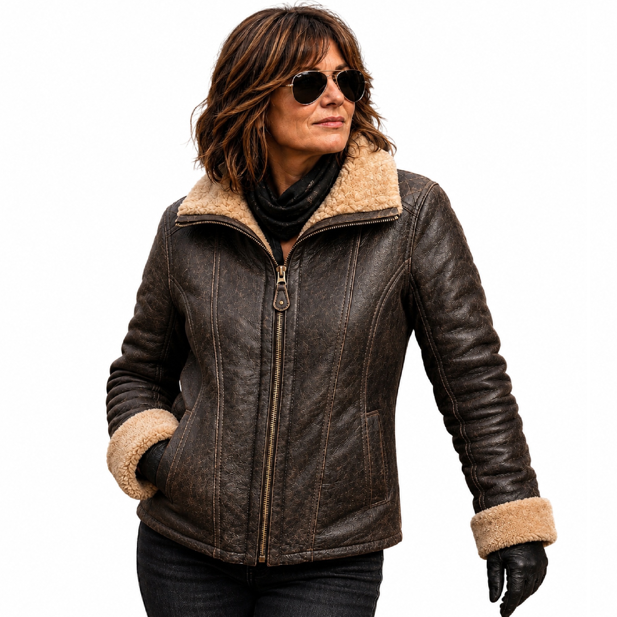 OrlandoMainModelWhite Vintage Aviator Sheepskin Jacket Chocolate